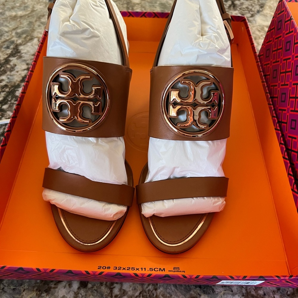 Brand new Tory Burch sandals, never worn, still in box, camel color, wedge heel